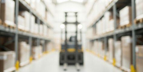 Forklift truck moving through warehouse aisle surrounded by tall shelves stacked with brown boxes and industrial goods, blurred background showing depth and warm lighting.