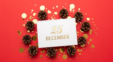 A festive arrangement of pinecones and gold confetti surrounds a white card with "25 DECEMBER" written in gold lettering on a vibrant red background.
