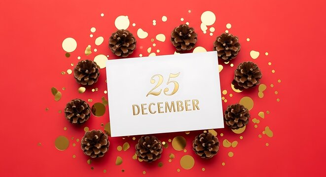 A festive arrangement of pinecones and gold confetti surrounds a white card with "25 DECEMBER" written in gold lettering on a vibrant red background. - Powered by Adobe