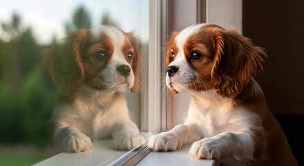 Puppy looking out window, reflection