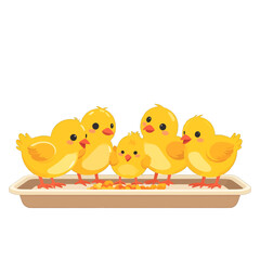 Group of Pixelated Yellow Chicks Eating Food from a Brown Tray on a White Background