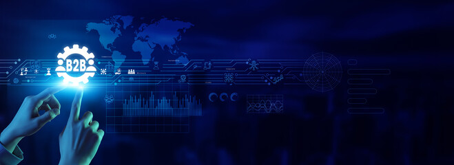 Entrepreneur touching a B2B business icon seeks partnership, collaboration, trade connection,...