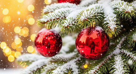 Close-Up of Snow-Dusted Christmas Tree with Red Baubles and Warm Lights