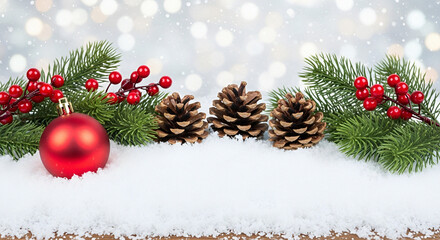 Winter Holiday Composition with Snow, Pinecones, and Red Ornament on Wooden Surface