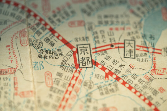 Tokyo,Japan October 1 2025: Location of Kyoto city in Japanese Kanji, translate English as &ldquo; kyoto&rdquo; in the marking of square, retro old map before World War II