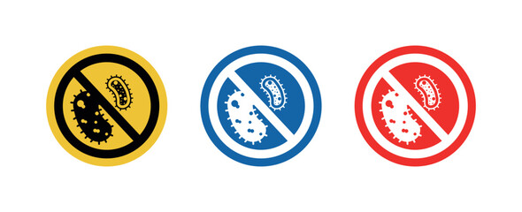 No bacteria prohibition badges. yellow, blue and red circle slash vector icons for hygiene, cleaning