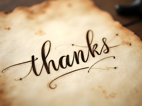 Elegant black calligraphy spells thanks on vintage, stained parchment paper, horizontal composition. Subtle brown aging and ornate flourishes enhance its warm, nostalgic and thankful aesthetic.