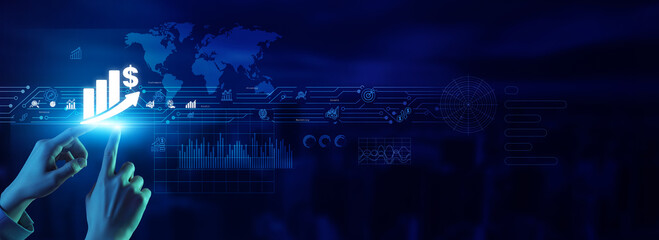 Salesperson touching an increase sales icon aims for growth, revenue, performance, marketing strategy, conversion, customer engagement, digital analytics, profit expansion, and business success.
