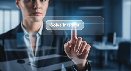 Business professional using futuristic touchscreen interface for digital data analysis and decision making