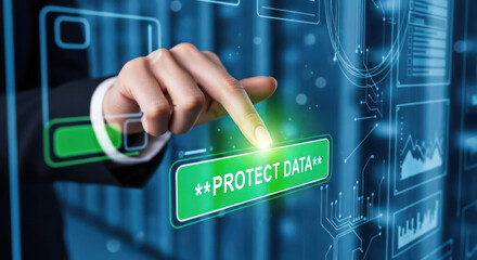 Business hand touching protect button on futuristic digital interface data security cyber protection