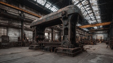 Obraz premium Abandoned Industrial Workshop with Rusty Machinery and Dusty Floors in an Empty Factory Space