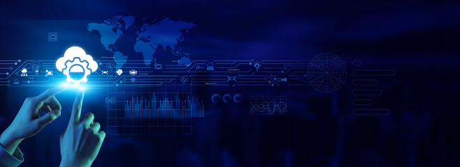 Developer touching a platform as a service icon offers cloud computing, deployment, scalability, innovation, integration, application management, software infrastructure, efficiency, and automation.