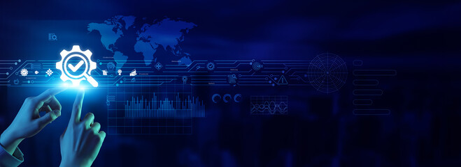 Inspector touching a quality control icon ensures standards, inspection, assurance, precision...