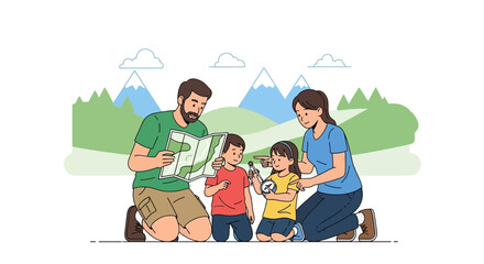 Family Exploring Outdoors Discovering Nature And Utilizing Navigation Tools Together