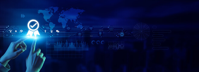 Analyst touching a recommendation icon uses insight, personalization, data analysis, a predictive system, algorithms, intelligence, decision support, optimization, user experience, and growth.