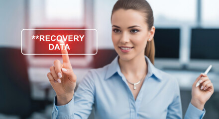 Businesswoman pressing a holographic screen with recovery data on a digital interface