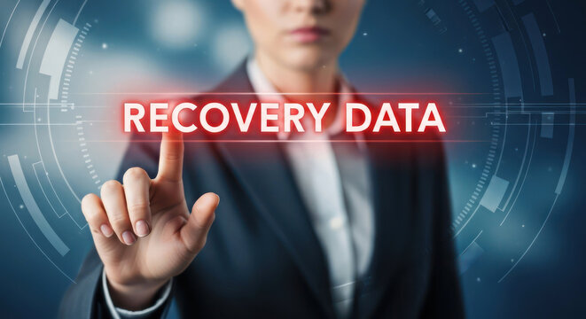 Businesswoman touching glowing red button labeled recovery data on digital futuristic interface - Powered by Adobe