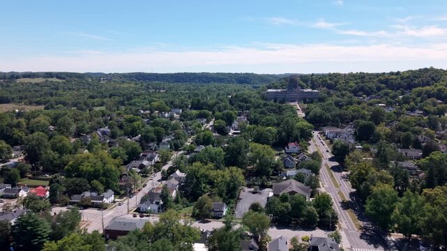 Aerial view over Kentucky neighborhood with State Capitol building