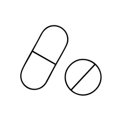 A minimal linear icon showing medicine pills and capsules.