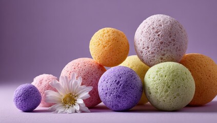 Playful Collection of Soft Round Sponges in Various Colors and Sizes on a White Surface, Highlighting Plush Bumpy Texture Against a Purple Background with Flower Accent

