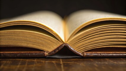 Fototapeta premium Open book with pages fanned out, showcasing rich textures and warm lighting, creating an inviting atmosphere for reading.