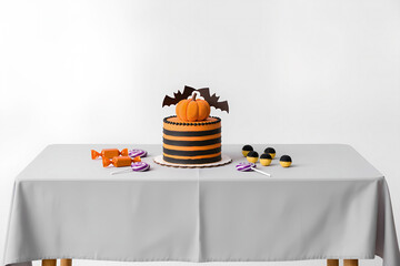 케이크와 호박 장식이 있는 테이블 세팅