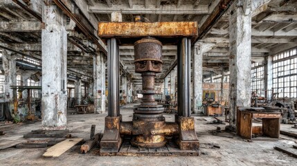 Industrial Metal Press in Abandoned Warehouse Surrounded by Rustic Machinery and Weathered Walls
