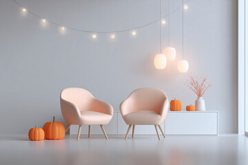 거실 배경의 조명과 호박 장식