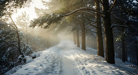 Snow-covered forest trail under soft morning light — cinematic depth and peaceful winter atmosphere ideal for travel or nature themes.