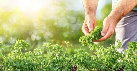 Fototapeta premium A fresh commercial poster showing a man picking parsley in a sunny garden, soft focus on plants, ample copy space at the bottom, clear poster background