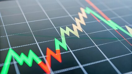 Stock market graph showcasing fluctuating trends with red and green lines indicating price movements.