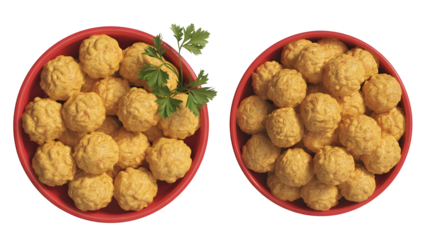 Two red bowls filled with golden fried meatballs, garnished with parsley, isolated on transparent background