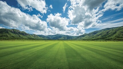 Obraz premium Lush Green Meadow with Striking Clouds Over Mountainous Landscape in Daylight