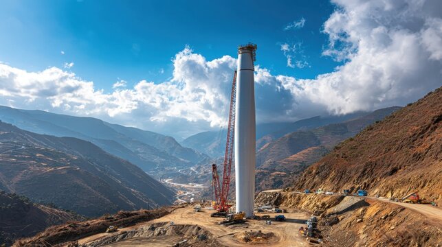 Wind turbine construction site with towering structure against a scenic mountainous backdrop under a dramatic sky