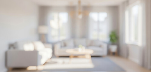 Blurred living room interior with sofa, windows, curtains, rug, and coffee table bathed in morning light, showing warmth, elegance, and peaceful atmosphere of home interior design.