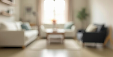 Blurred view of a contemporary living room featuring sofas, an armchair, and a coffee table under warm sunlight, expressing relaxation, comfort, and stylish modern decor.
