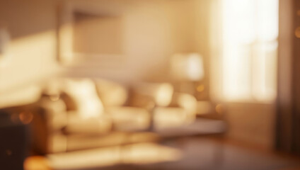 Blurry interior view of a cozy living room featuring a soft fabric sofa near a wide window with warm morning light gently filling the minimalist space.