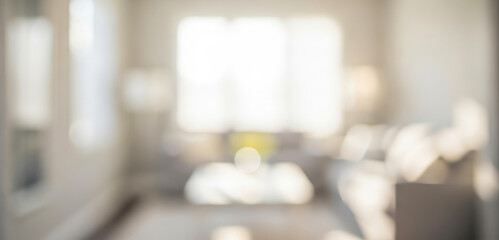 Blurry interior view of a living room with a window and furniture, featuring warm sunlight filtering through sheer curtains and cozy modern decor that creates a peaceful home atmosphere.