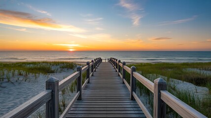 Naklejka premium Boardwalk to Beach Sunset – Wooden Path Through Dunes Toward Glowing Horizon