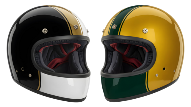 Two vintage motorcycle helmets, one black and gold, the other gold and green, isolated on transparent background
