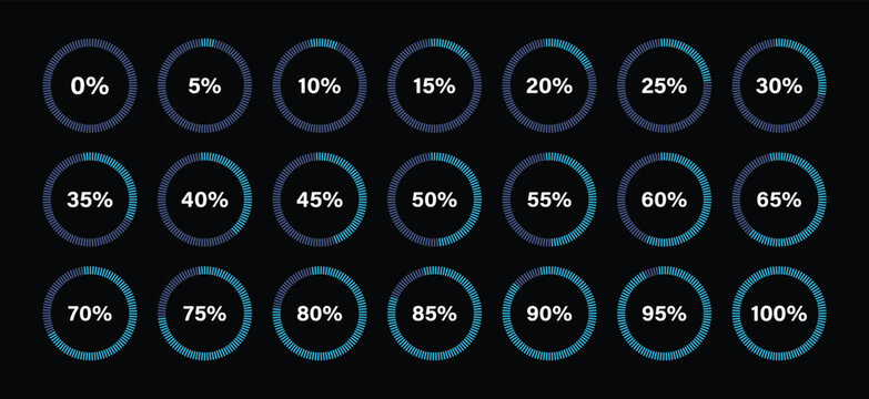 Set of circle percentage diagrams meters from 0 to 100 ready-to-use for web design. Timer icon with five percent interval. Download display.  