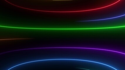 Abstract glowing neon lines in rainbow colors on black background blue bright