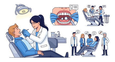 Dental Clinic Examining Teeth and Patient Interaction, a Detailed Illustration Set