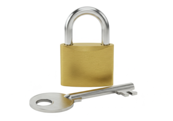 Brass Padlock and Key isolated on transparent png