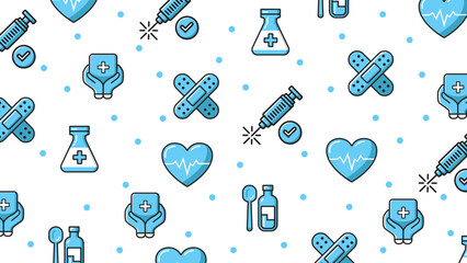 Medicine seamless pattern featuring light blue medical icons like hearts, syringes, and bandaids. Suitable for healthcare designs.