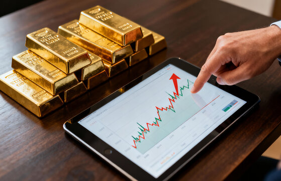 Analyzing stock market performance on a digital tablet next to gold bullion, signifying wise investment strategies, asset diversification, and the pursuit of financial success and wealth accumulation