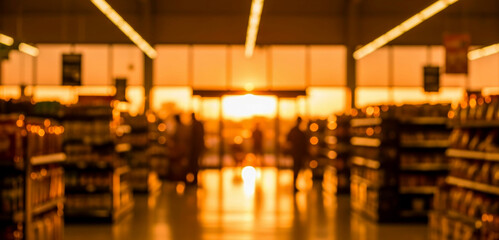 Interior view of a modern store with shelves full of products and people walking in motion blur and vibrant commercial energy inside the bright retail environment.