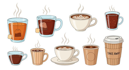 Collection of steaming beverage cups diverse types, from tea to coffee, various designs