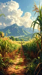 Fototapeta premium Cornfield Path Leading to Mountains Under a Cloudy Sky.