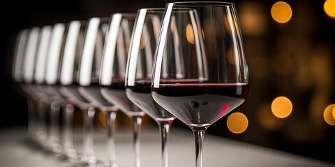 Elegant Row of Wine Glasses – Red Wine on Reflective Surface in Warm Indoor Setting"